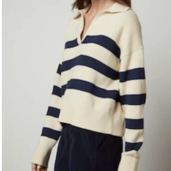 Velvet by Graham & Spencer Navy/White Cashmere Blend Old Money Coastal Nautical - Picture 5 of 9